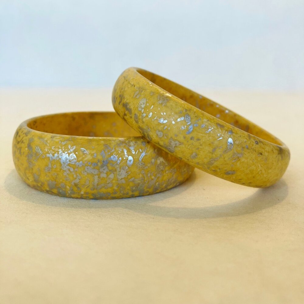 Bracelet Pair Yellow Silver Splatter Painted Wood Bangle Set of 2 New Gift